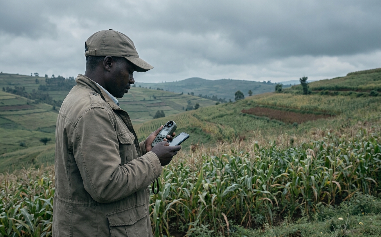 A field officer checks a simple weather or early-warning device in an open agricultural landscape under an overcast sky, calm and observational rather than dramatic.